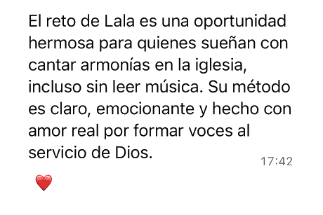 Mensaje de WhatsApp: el reto de Lala es una oportunidad hermosa para quienes sueñan con cantar armonías en la iglesia, incluso sin leer música